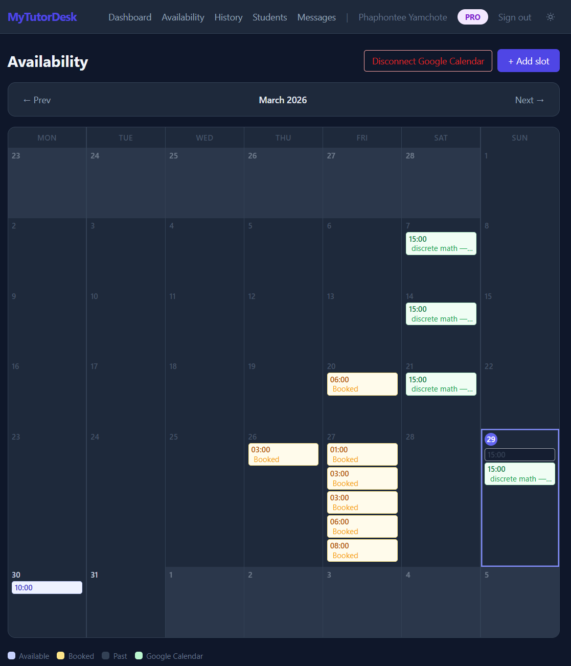 Availability calendar showing March 2026 with color-coded sessions