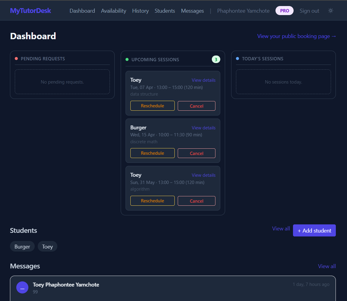 MyTutorDesk Dashboard showing upcoming sessions with Toey and Burger